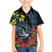 New Zealand Tui Bird Family Matching Short Sleeve Bodycon Dress and Hawaiian Shirt Maori Koru Mix Pohutukawa DT04 Son's Shirt Black - Polynesian Pride