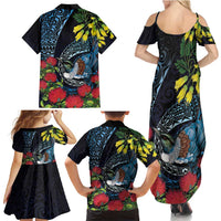New Zealand Tui Bird Family Matching Summer Maxi Dress and Hawaiian Shirt Maori Koru Mix Pohutukawa