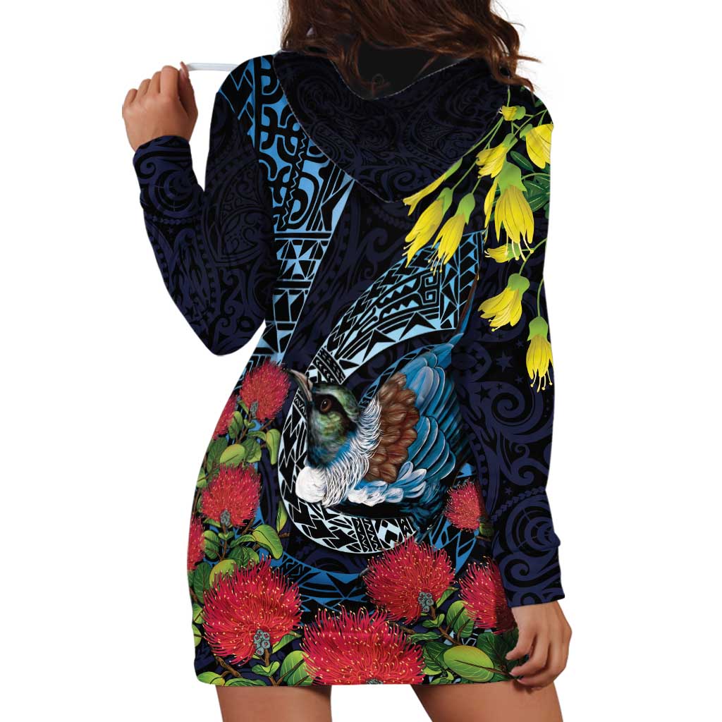 New Zealand Tui Bird Hoodie Dress Maori Koru Mix Pohutukawa DT04 - Polynesian Pride