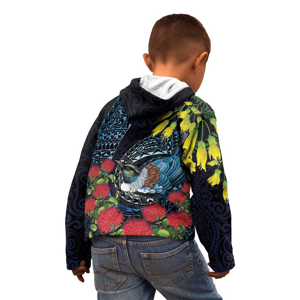 New Zealand Tui Bird Kid Hoodie Maori Koru Mix Pohutukawa