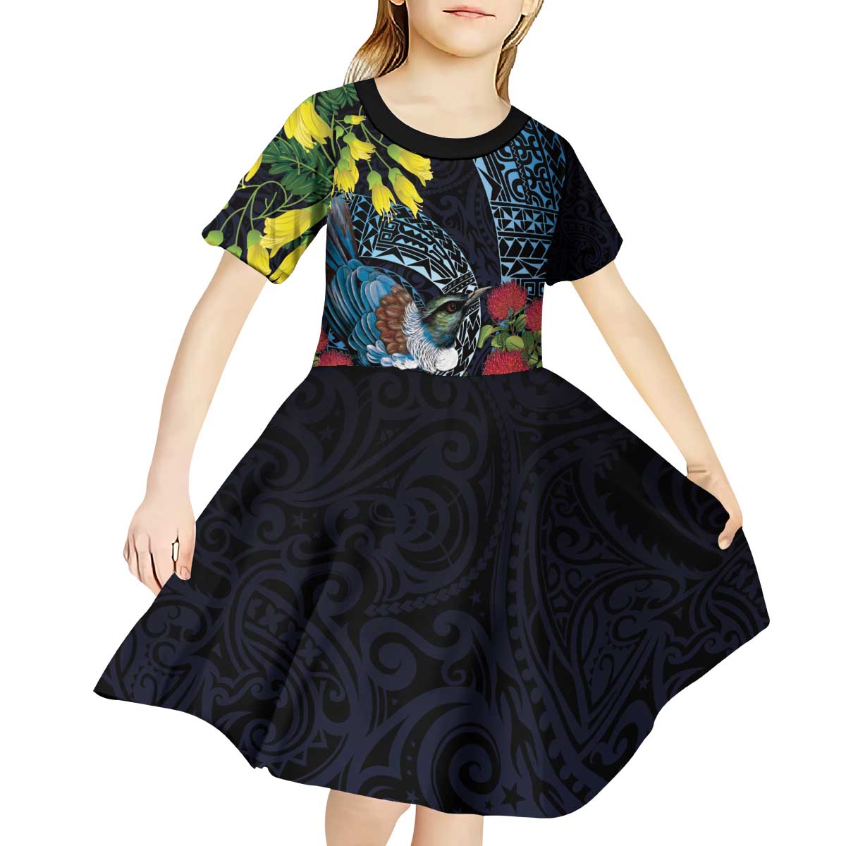 New Zealand Tui Bird Kid Short Sleeve Dress Maori Koru Mix Pohutukawa