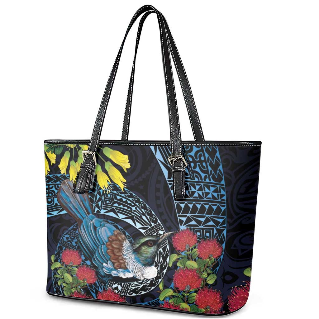 New Zealand Tui Bird Leather Tote Bag Maori Koru Mix Pohutukawa
