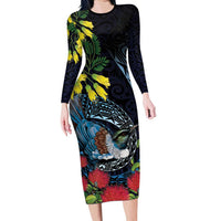 New Zealand Tui Bird Long Sleeve Bodycon Dress Maori Koru Mix Pohutukawa DT04 Long Dress Black - Polynesian Pride