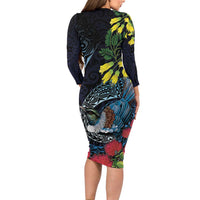 New Zealand Tui Bird Long Sleeve Bodycon Dress Maori Koru Mix Pohutukawa DT04 - Polynesian Pride