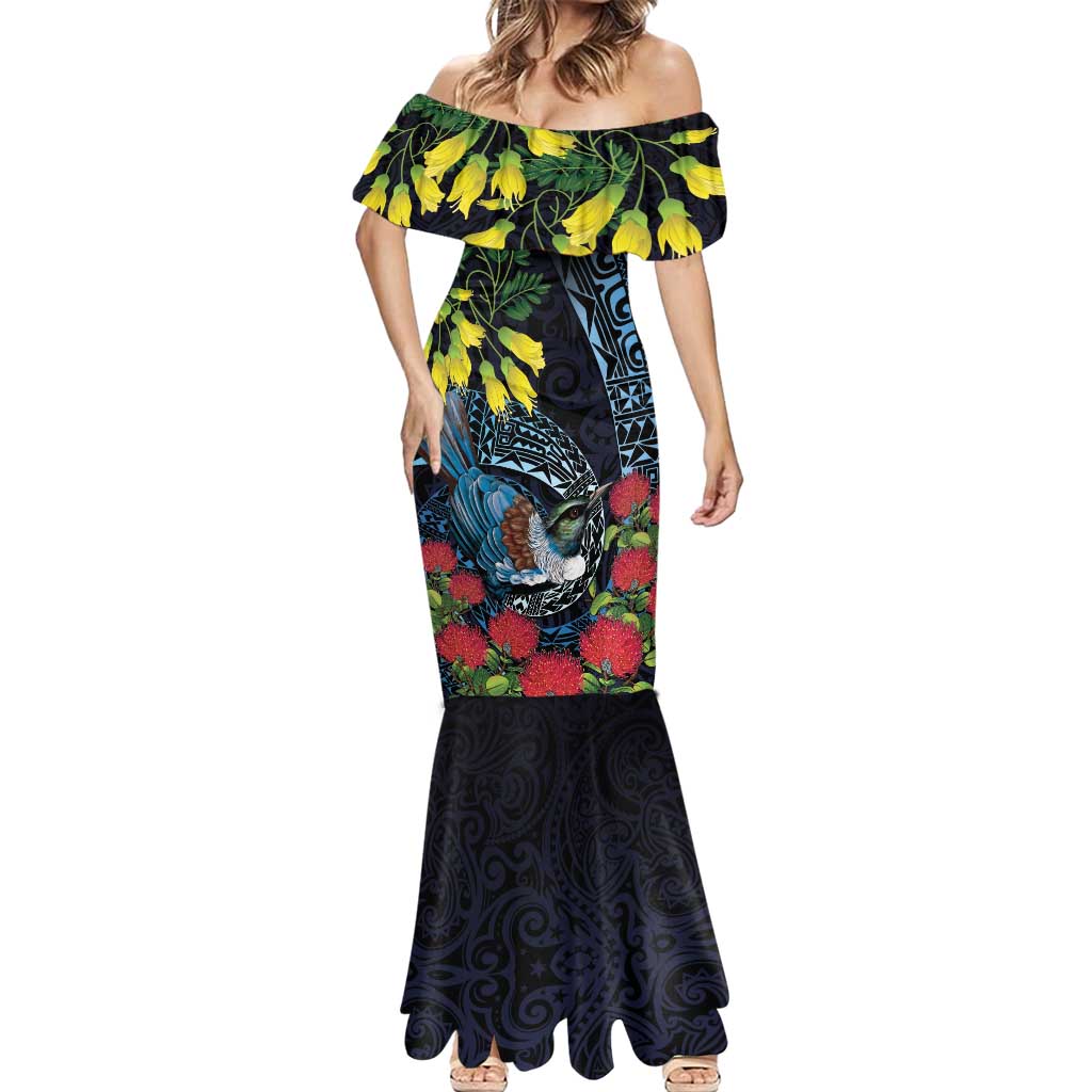 New Zealand Tui Bird Mermaid Dress Maori Koru Mix Pohutukawa