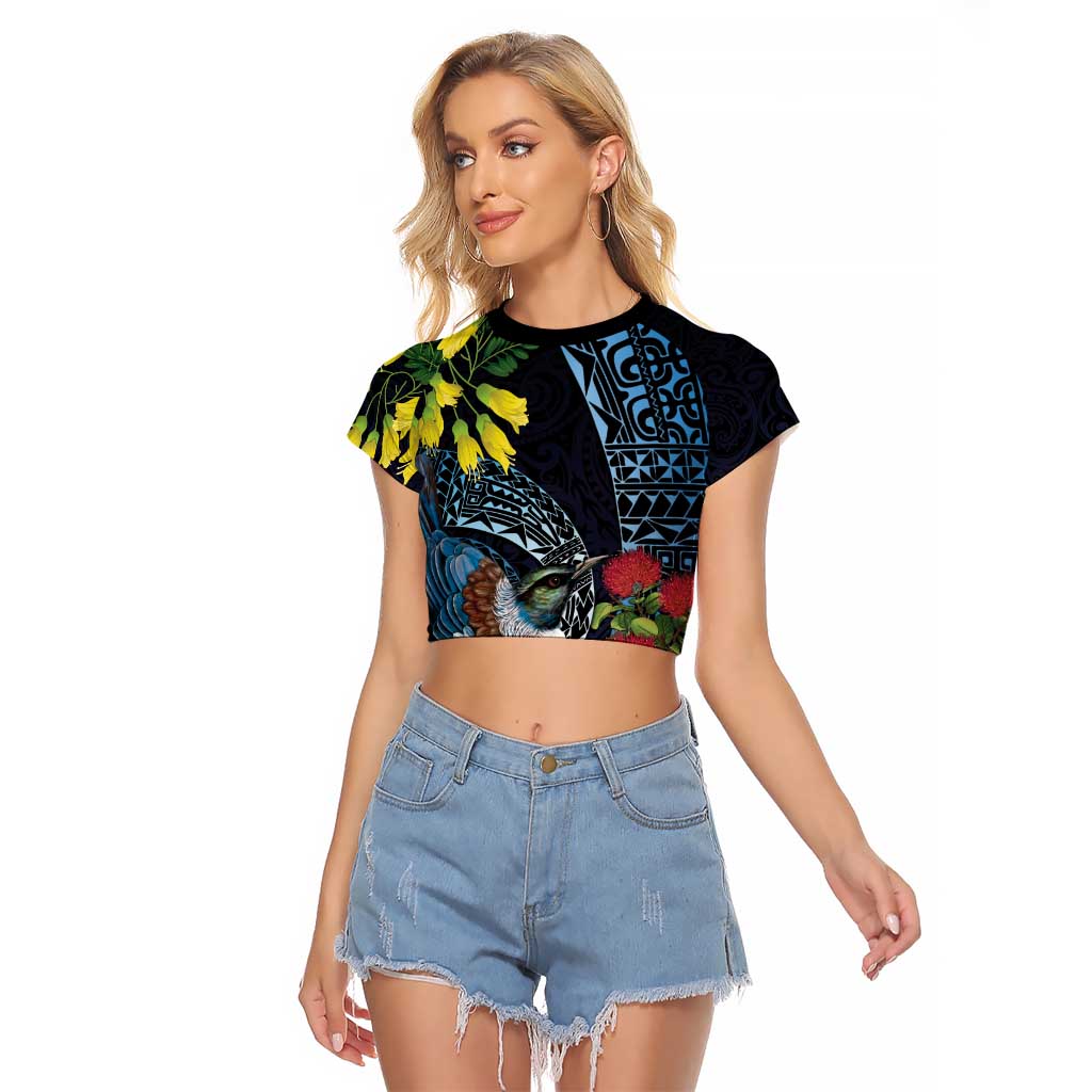 New Zealand Tui Bird Raglan Cropped T Shirt Maori Koru Mix Pohutukawa