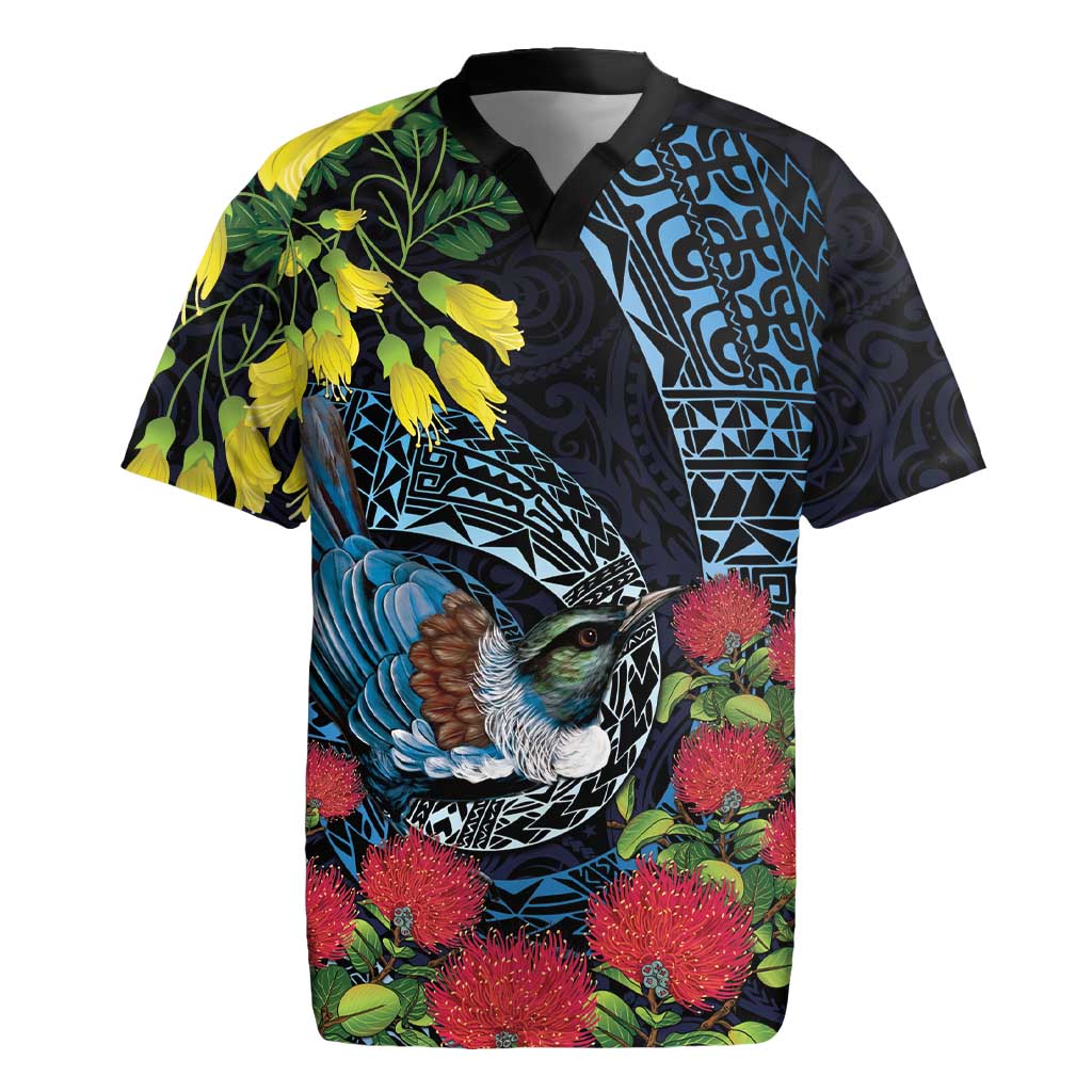 New Zealand Tui Bird Rugby Jersey Maori Koru Mix Pohutukawa