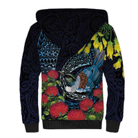 New Zealand Tui Bird Sherpa Hoodie Maori Koru Mix Pohutukawa