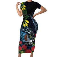 New Zealand Tui Bird Short Sleeve Bodycon Dress Maori Koru Mix Pohutukawa DT04 Long Dress Black - Polynesian Pride