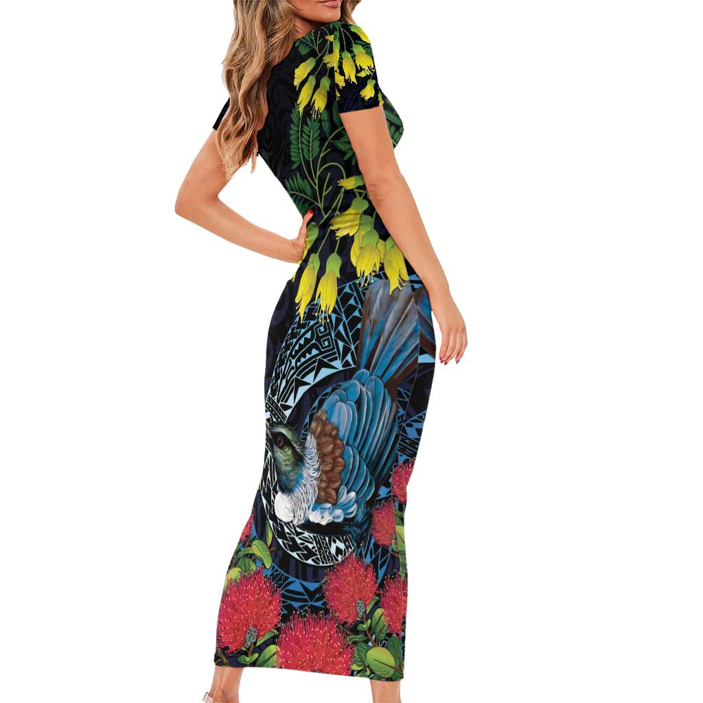 New Zealand Tui Bird Short Sleeve Bodycon Dress Maori Koru Mix Pohutukawa DT04 - Polynesian Pride