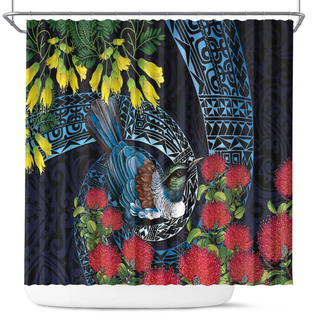 New Zealand Tui Bird Shower Curtain Maori Koru Mix Pohutukawa