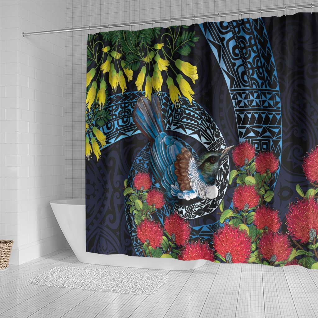 New Zealand Tui Bird Shower Curtain Maori Koru Mix Pohutukawa