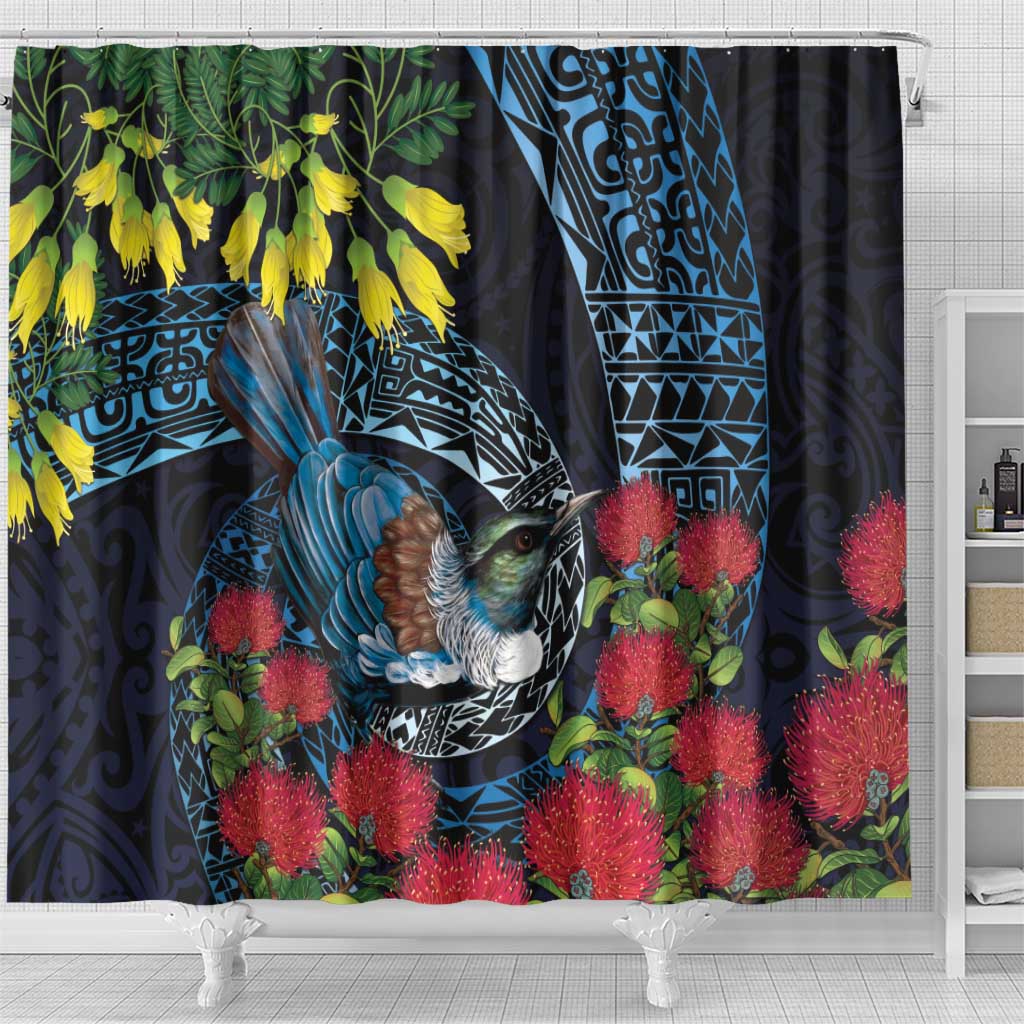 New Zealand Tui Bird Shower Curtain Maori Koru Mix Pohutukawa