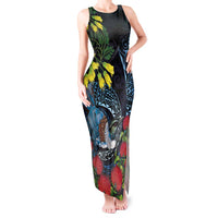 New Zealand Tui Bird Tank Maxi Dress Maori Koru Mix Pohutukawa