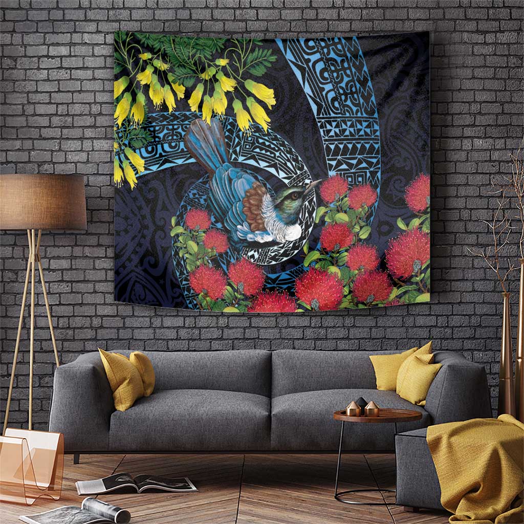 New Zealand Tui Bird Tapestry Maori Koru Mix Pohutukawa