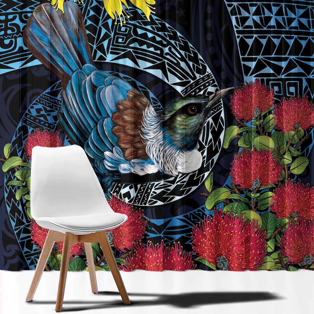 New Zealand Tui Bird Window Curtain Maori Koru Mix Pohutukawa