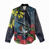 New Zealand Tui Bird Women Casual Shirt Maori Koru Mix Pohutukawa