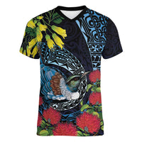 New Zealand Tui Bird Women V-Neck T-Shirt Maori Koru Mix Pohutukawa DT04 Female Black - Polynesian Pride