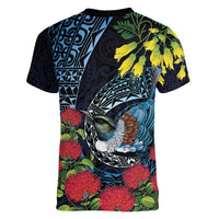 New Zealand Tui Bird Women V-Neck T-Shirt Maori Koru Mix Pohutukawa DT04 - Polynesian Pride