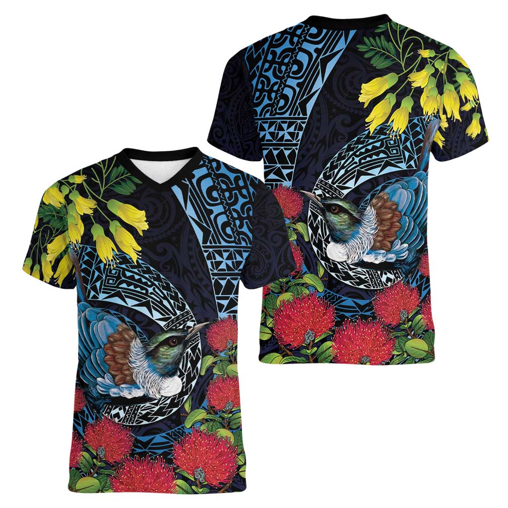 New Zealand Tui Bird Women V-Neck T-Shirt Maori Koru Mix Pohutukawa DT04 - Polynesian Pride