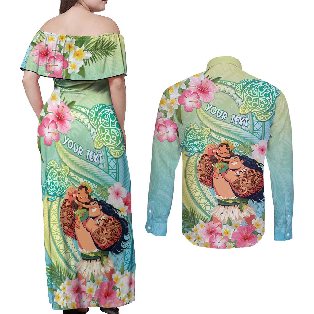 Personalised Hawaii Father's Day Couples Matching Off Shoulder Maxi Dress and Long Sleeve Button Shirt Happy Father And Child
