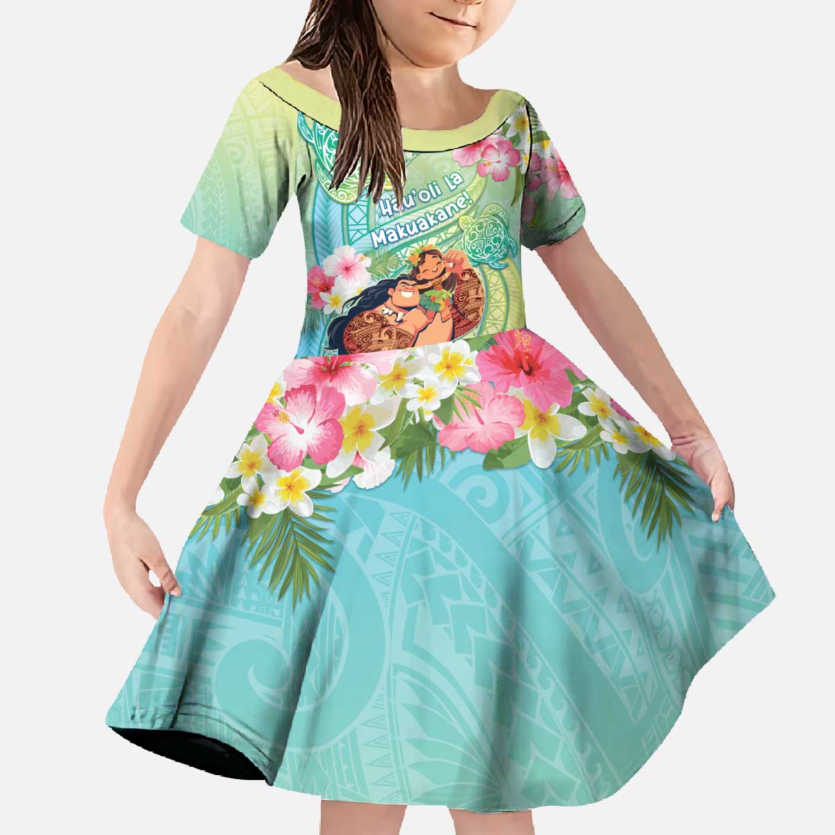 Personalised Hawaii Father's Day Family Matching Off The Shoulder Long Sleeve Dress and Hawaiian Shirt Happy Father And Child DT04 Daughter's Dress Green - Polynesian Pride