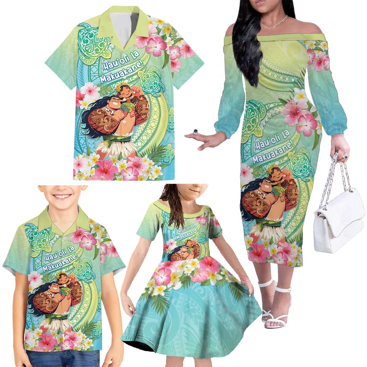 Personalised Hawaii Father's Day Family Matching Off The Shoulder Long Sleeve Dress and Hawaiian Shirt Happy Father And Child DT04 - Polynesian Pride