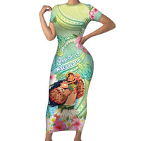 Personalised Hawaii Father's Day Family Matching Short Sleeve Bodycon Dress and Hawaiian Shirt Happy Father And Child DT04 Mom's Dress Green - Polynesian Pride
