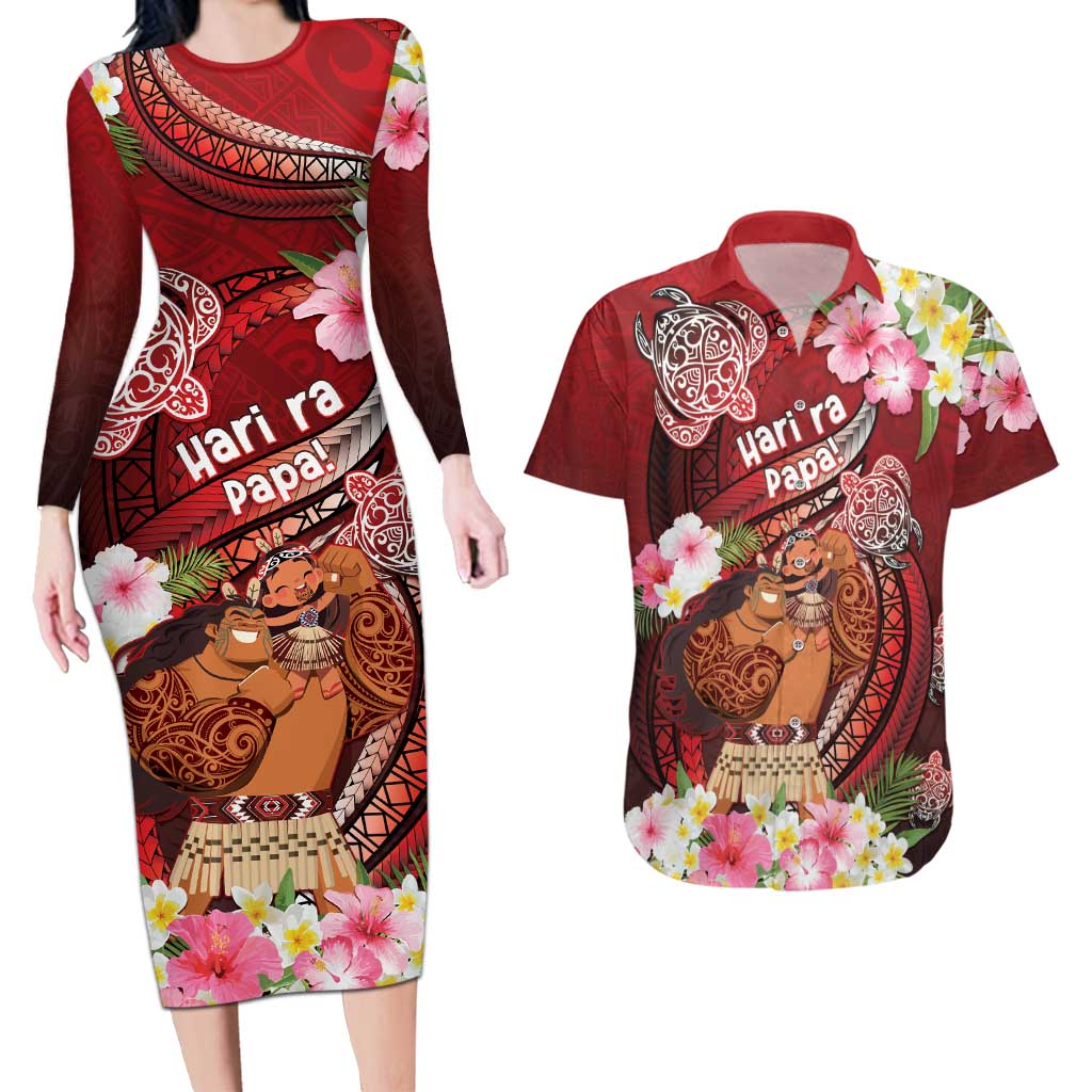 Personalised New Zealand Father's Day Couples Matching Long Sleeve Bodycon Dress and Hawaiian Shirt Happy Father And Child DT04 Red - Polynesian Pride