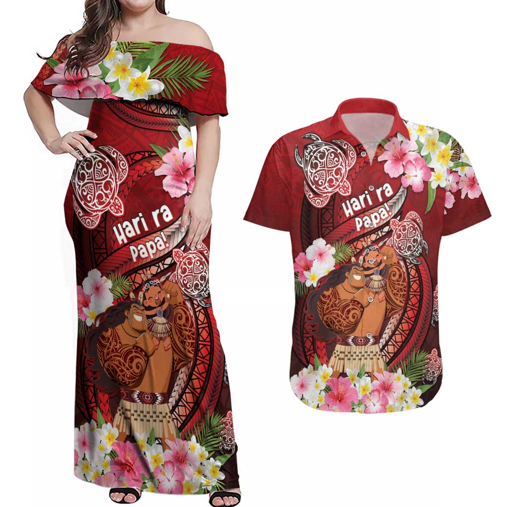 Personalised New Zealand Father's Day Couples Matching Off Shoulder Maxi Dress and Hawaiian Shirt Happy Father And Child DT04 Red - Polynesian Pride