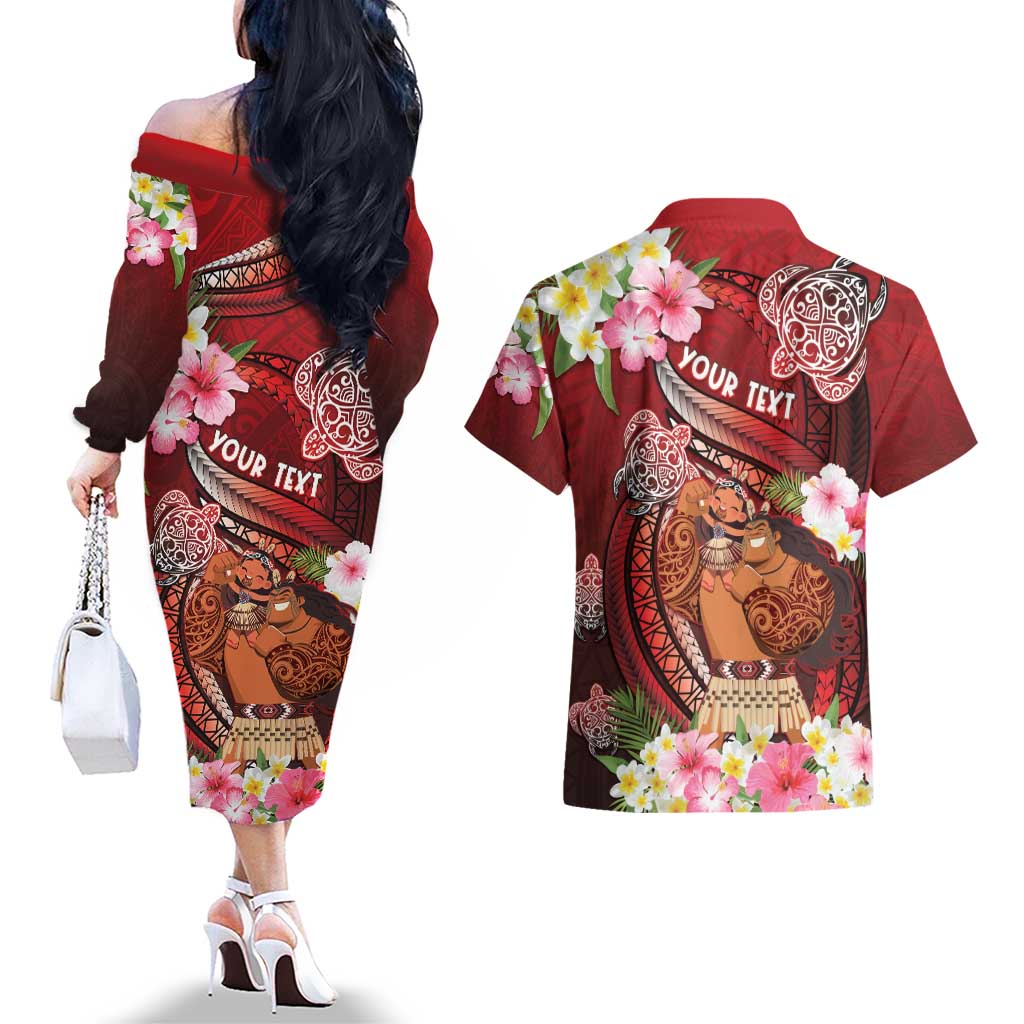 Personalised New Zealand Father's Day Couples Matching Off The Shoulder Long Sleeve Dress and Hawaiian Shirt Happy Father And Child DT04 - Polynesian Pride
