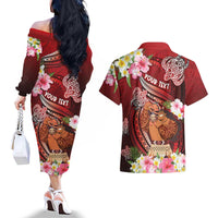 Personalised New Zealand Father's Day Couples Matching Off The Shoulder Long Sleeve Dress and Hawaiian Shirt Happy Father And Child DT04 - Polynesian Pride