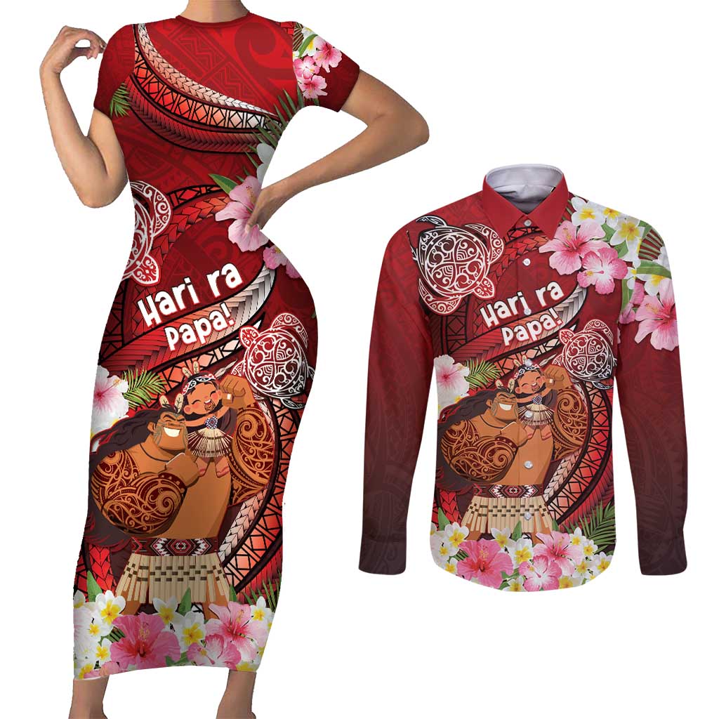 Personalised New Zealand Father's Day Couples Matching Short Sleeve Bodycon Dress and Long Sleeve Button Shirt Happy Father And Child DT04 Red - Polynesian Pride