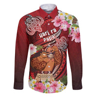 Personalised New Zealand Father's Day Family Matching Puletasi and Hawaiian Shirt Happy Father And Child DT04 Dad's Shirt - Long Sleeve Red - Polynesian Pride