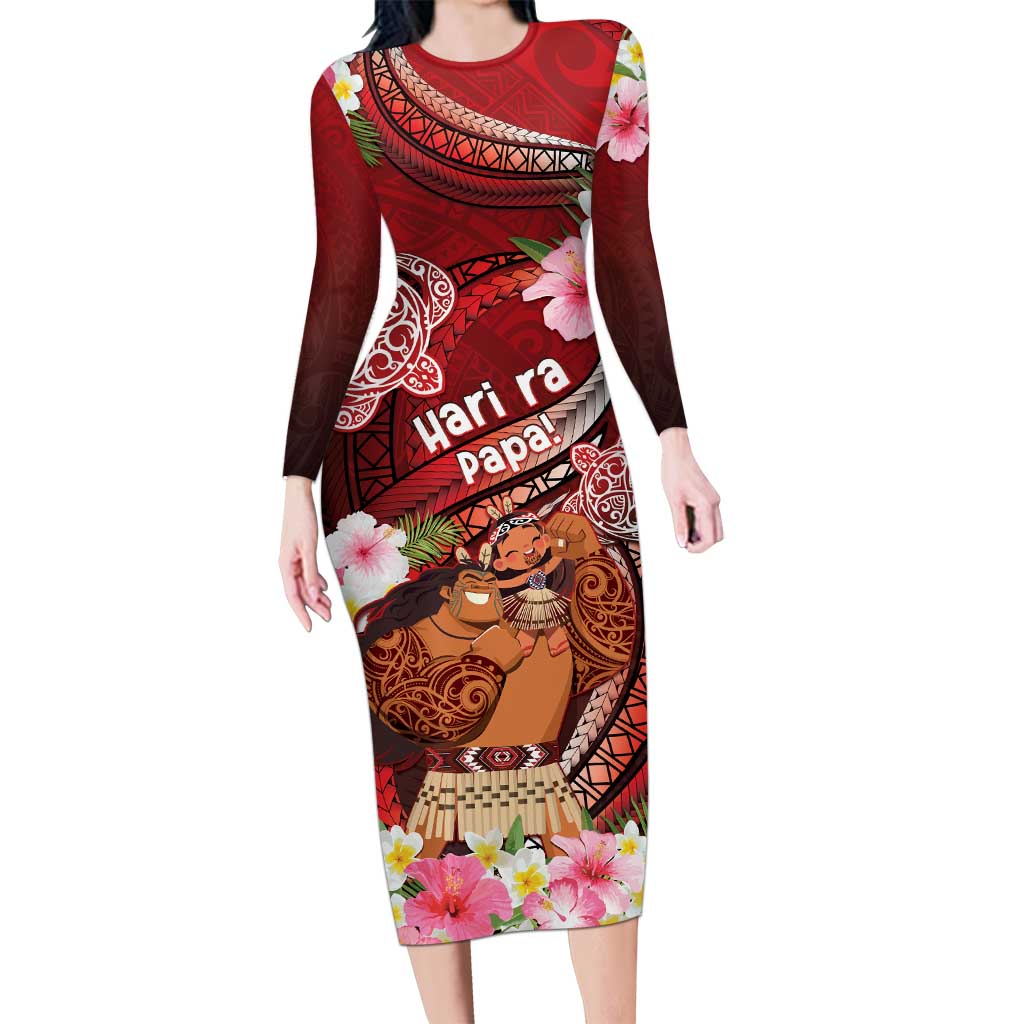 Personalised New Zealand Father's Day Long Sleeve Bodycon Dress Happy Father And Child DT04 Long Dress Red - Polynesian Pride