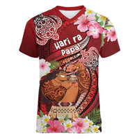 Personalised New Zealand Father's Day Women V-Neck T-Shirt Happy Father And Child DT04 Female Red - Polynesian Pride