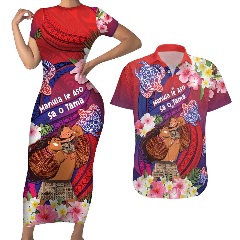 Personalised Samoa Father's Day Couples Matching Short Sleeve Bodycon Dress and Hawaiian Shirt Happy Father And Child