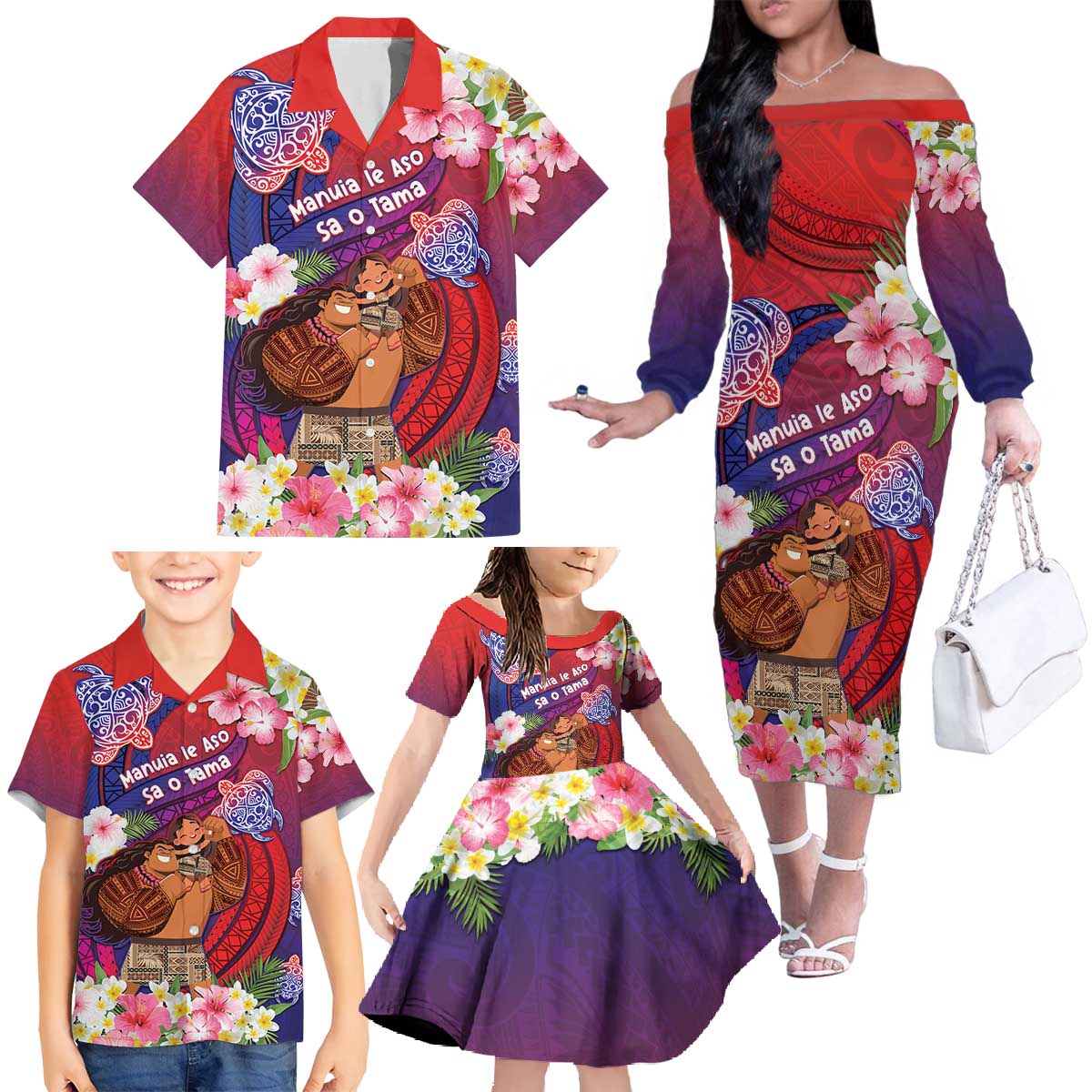 Personalised Samoa Father's Day Family Matching Off The Shoulder Long Sleeve Dress and Hawaiian Shirt Happy Father And Child