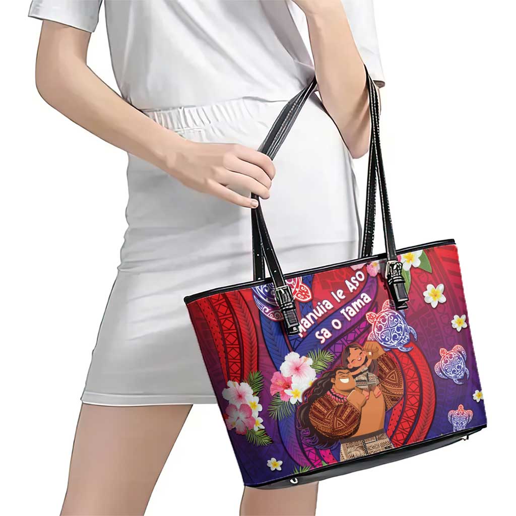 Samoa Father's Day Leather Tote Bag Happy Father And Child