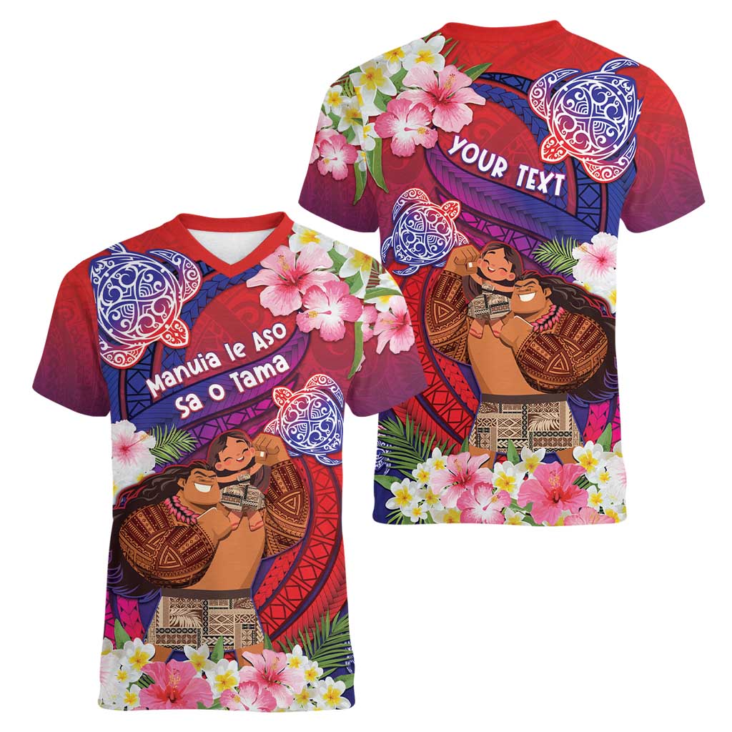 Personalised Samoa Father's Day Women V-Neck T-Shirt Happy Father And Child