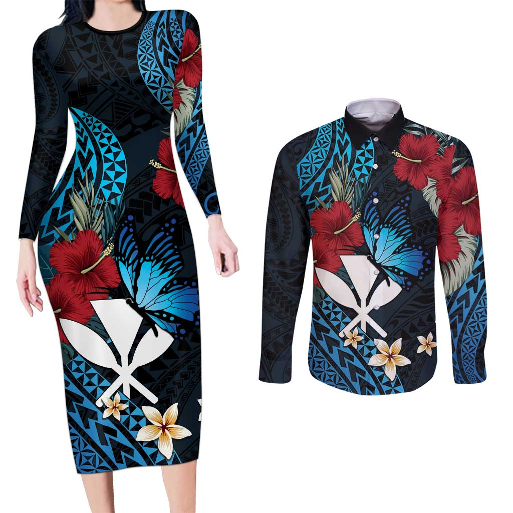Hawaii Butterfly Couples Matching Long Sleeve Bodycon Dress and Long Sleeve Button Shirt Kanaka Maoli Mix Hibiscus