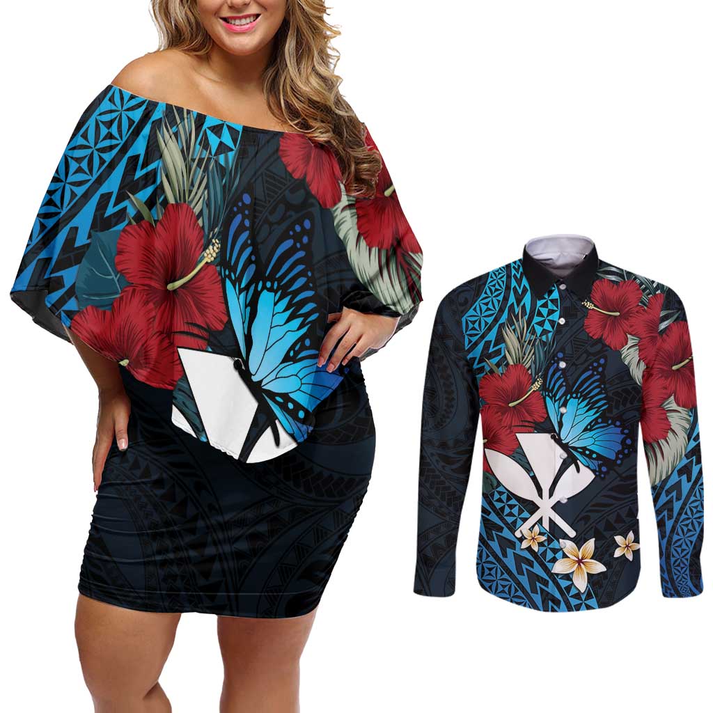 Hawaii Butterfly Couples Matching Off Shoulder Short Dress and Long Sleeve Button Shirt Kanaka Maoli Mix Hibiscus