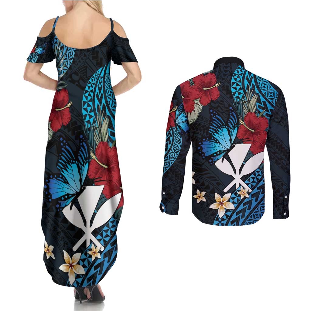 Hawaii Butterfly Couples Matching Summer Maxi Dress and Long Sleeve Button Shirt Kanaka Maoli Mix Hibiscus