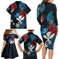 Hawaii Butterfly Family Matching Long Sleeve Bodycon Dress and Hawaiian Shirt Kanaka Maoli Mix Hibiscus