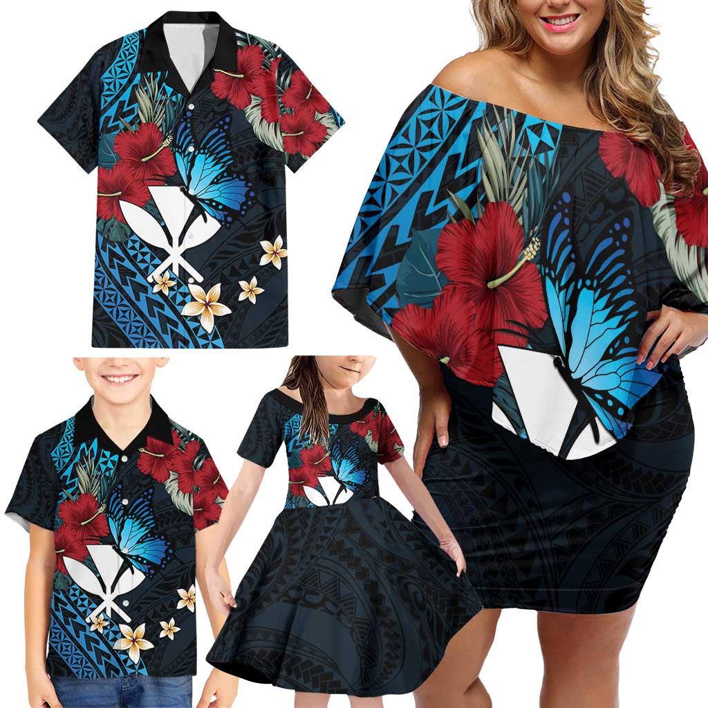 Hawaii Butterfly Family Matching Off Shoulder Short Dress and Hawaiian Shirt Kanaka Maoli Mix Hibiscus