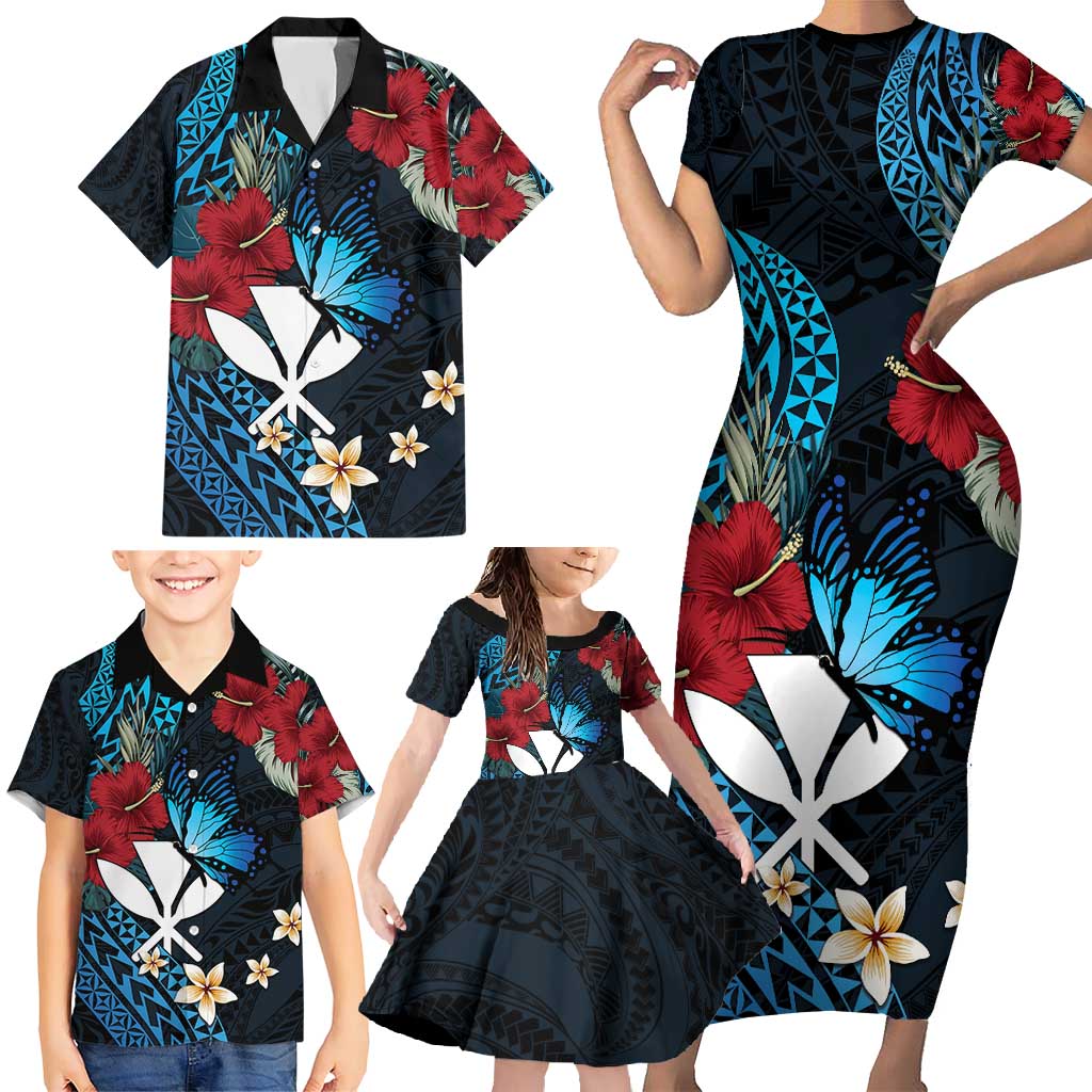 Hawaii Butterfly Family Matching Short Sleeve Bodycon Dress and Hawaiian Shirt Kanaka Maoli Mix Hibiscus