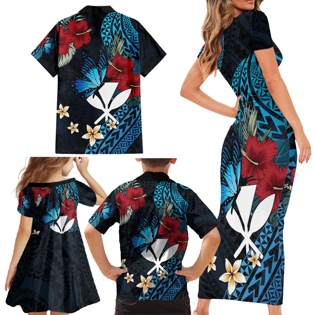 Hawaii Butterfly Family Matching Short Sleeve Bodycon Dress and Hawaiian Shirt Kanaka Maoli Mix Hibiscus