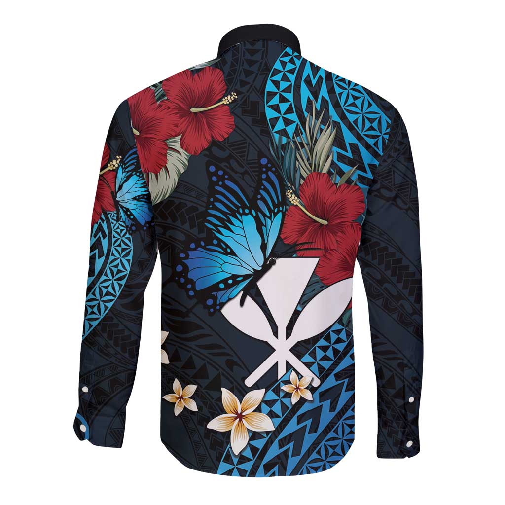 Hawaii Butterfly Long Sleeve Button Shirt Kanaka Maoli Mix Hibiscus