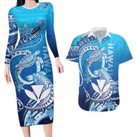 Hawaii Couples Matching Long Sleeve Bodycon Dress and Hawaiian Shirt Turtle With Hammerhead Shark Oceanic