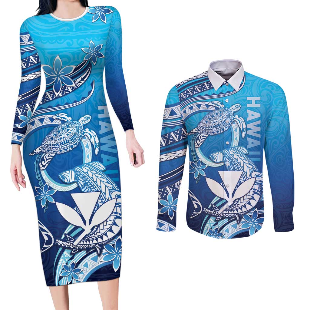 Hawaii Couples Matching Long Sleeve Bodycon Dress and Long Sleeve Button Shirt Turtle With Hammerhead Shark Oceanic
